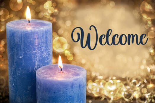 Text Welcome, With Blue Candles, Warm And Cozy Winter Background, Golden Christmas Decoration
