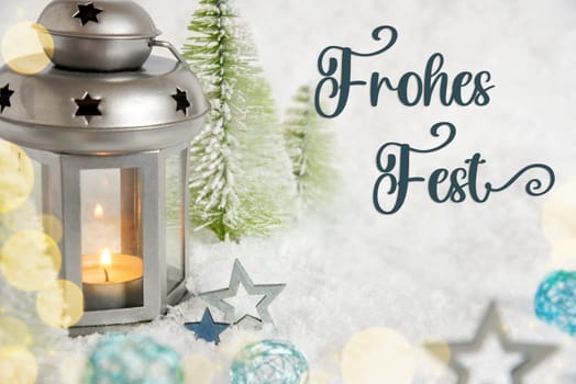 German Text Frohes Fest, Means Happy Holidays In English, Christmas Lantern In The Snow, With Winter Decoration, Trees And Stars