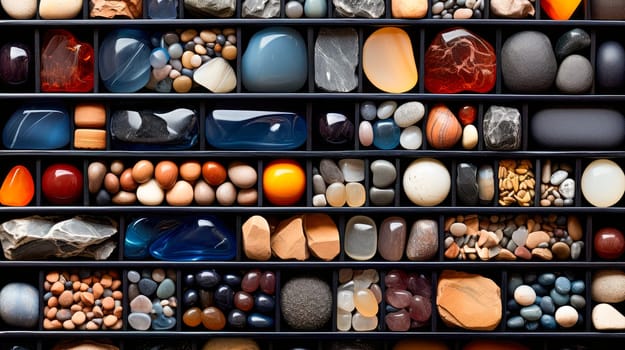 Assortment of semi precious stones ordered for sale. Top view of a neatly organized stones storage box. AI generated