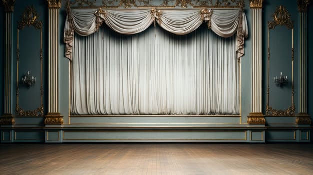 Empty elegant classic theatre with big stage and closed curtains. Well-lit opera house with beautiful decorations ready to receive audience for a play or ballet show. AI generated