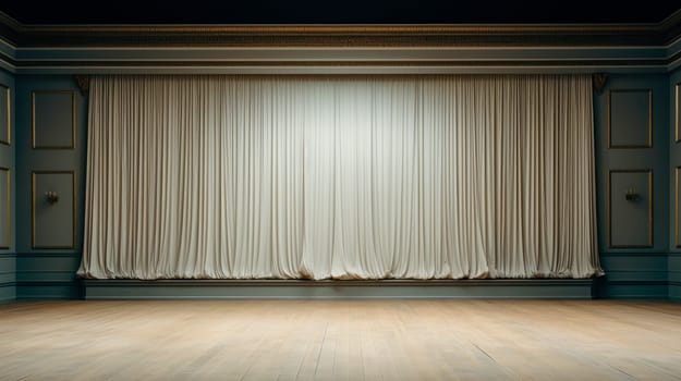 Empty elegant classic theatre with big stage and closed curtains. Well-lit opera house with beautiful decorations ready to receive audience for a play or ballet show. AI generated