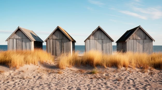 Four wooden huts on a sandy beach on a sunny day. Small houses or beach cabins. AI generated