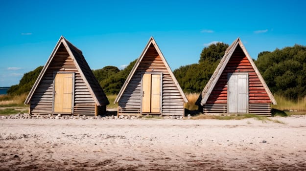 Three wooden huts on a sandy beach on a sunny day. Small houses or beach cabins. AI generated