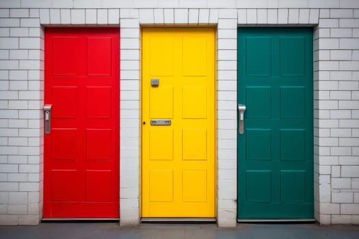 White brick wall with a three colored doors, right choice concept. Red,yellow and green doors. AI generated