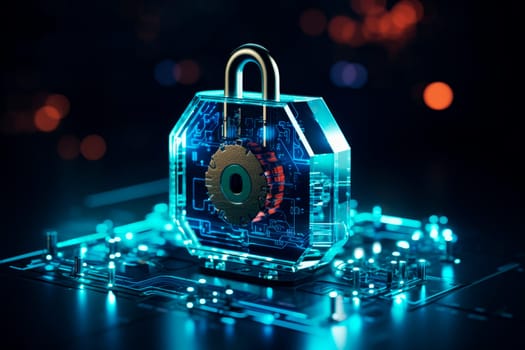 Cyber security concept, padlock on computer motherboard circuit board. AI generated