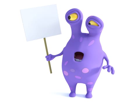 A cute charming cartoon monster holding a blank sign and looking shocked with his mouth open while looking at the sign. The monster is purple with big spots. White background.