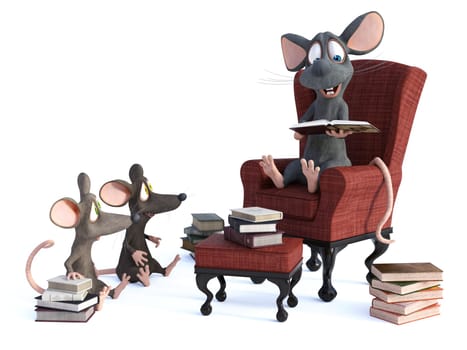 3D rendering of cute smiling cartoon mouse sitting in cosy armchair, reading book aloud for two mice children. Piles of books on the floor. White background with copyspace. Reading concept.