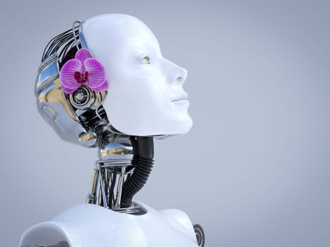 3D rendering portrait of a female robot with a beautiful orchid flower at the side of her head. Gray background with copyspace.