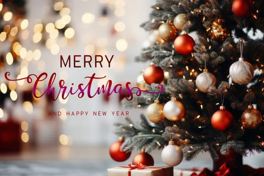 Merry Christmas wishes with beautiful Christmas decoration background.
