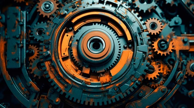 Old steel gears close up background. Group of cogwheels. AI generated