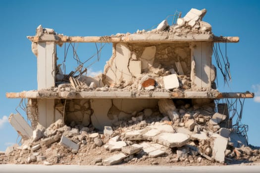 Residential building destroyed  by implosion. Airstrike on the city, demolished house. AI generated