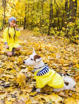 girl playing with her dog in autumn forest. Child and jack russell terrier dog.
