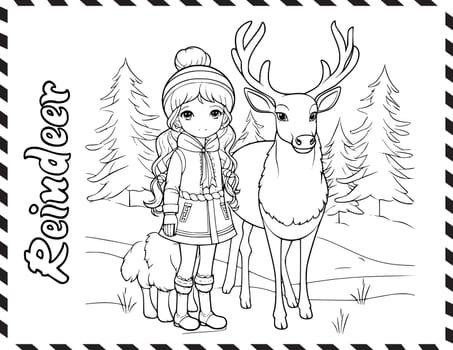 Christmas Girl And Reindeer Coloring Pages Drawing For Kids