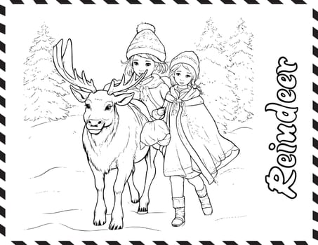 Christmas Girl And Reindeer Coloring Pages Drawing For Kids