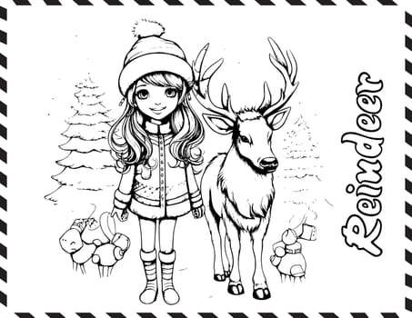 Christmas Girl And Reindeer Coloring Pages Drawing For Kids