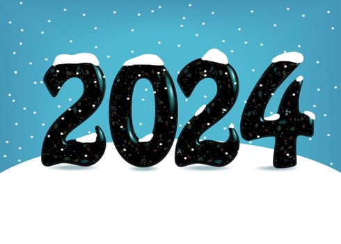 Snowy New Year's Vigil. The big black numbers 2024 stand tall on a pristine white snowdrift, emanating festive sparks. They contrast beautifully against the deep blue background, reminiscent of a sky during snowfall.