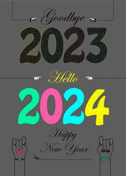 Retro Greeting Card: Say goodbye to 2023 and welcome 2024 with open arms. This charming illustration features colorful numbers and playful cartoon hands, capturing the spirit of the New Year