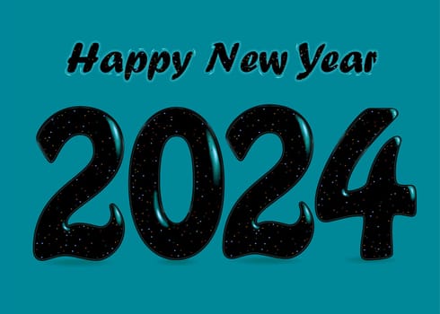 Gothic Elegance: Happy New Year 2024. Bold black numbers and letters adorned with enchanting blurs and sparks. Set against a green background