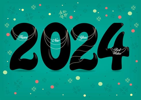 Chic New Year Elegance: a sleek black number 2024 adorned with white pearl collars and pendant-like texts conveying 'Happy New Year' and 'Best Wishes.' Against a vibrant green backdrop, it's a celebration marked by a shower of colorful confetti