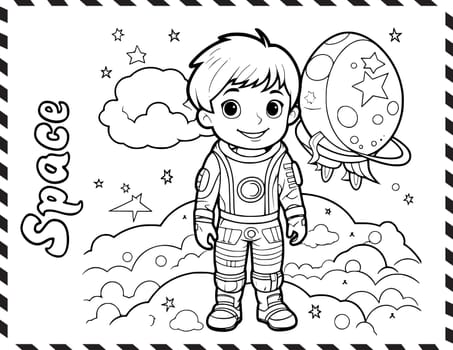 Cute Boy Going to Space Coloring Pages Drawing For Kids