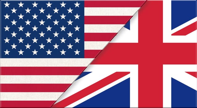 Flags of USA and England. American and English flags. National symbol of USA and England. Sports competition. International sports match. Sportive competition. International cooperation