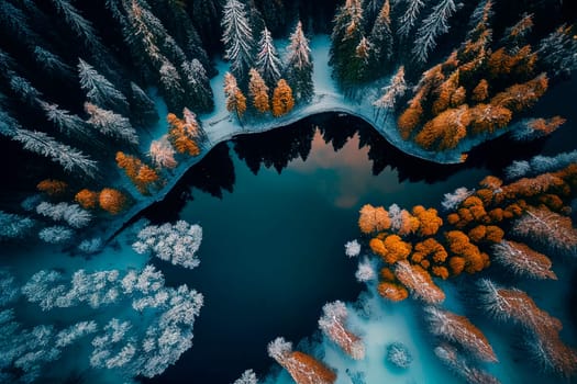 Drone view of winter landscape with pine forest covered with snow and mountain lake. Snowy fir tree in beauty nature scenery from above. Christmas and new year greeting card background.