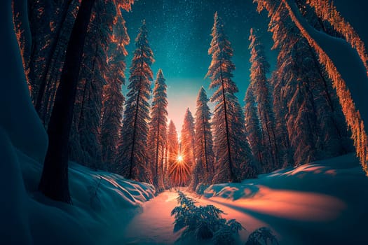 Winter landscape wallpaper with pine forest covered with snow and scenic sunset. Snowy fir tree in beauty nature scenery. Christmas and new year greeting card background.