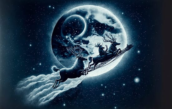 Flying in sleigh pulled by reindeer above night sky at christmas eve. Winter holiday magic background.