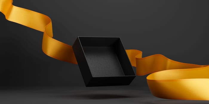 Open gift box flying with golden holiday ribbon on dark background. Black friday, christmas and new year shopping sale promo display. Premium product placement in empty present box design.