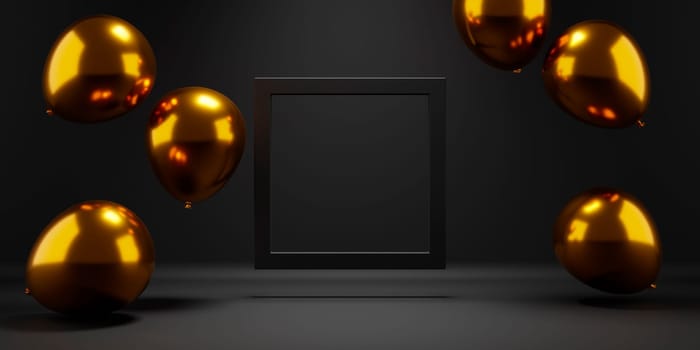 Black friday design with golden balloons and black frame on dark background. Holiday shopping sale product placement display. Birthday party decoration in empty room.