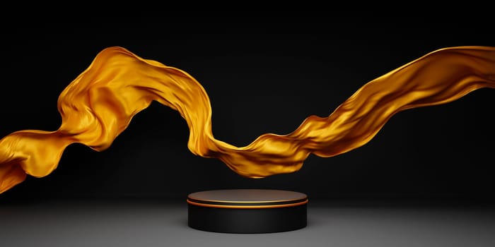 Luxury product podium placement with spotlight and golden flying silk scarf. Black friday sale background. Premium product display showcase with satin cloth flow.