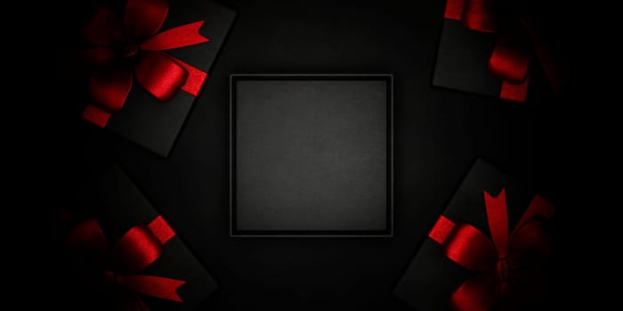 Empty black gift box and present wrapped with red ribbon from above. Black friday, christmas and new year holiday background scene. Luxury premium product placement mockup.