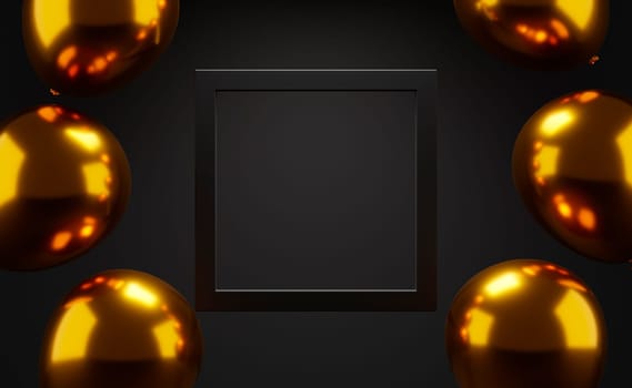 Black friday design with golden balloons and black frame on dark background. Holiday shopping sale product placement display. Birthday party decoration in empty room.