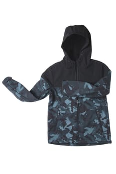 Winter jacket for children. Close-up of children's black warm jacket with hood isolated on white background. Winter fashion. Military style.