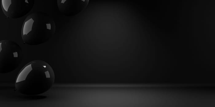 Black friday background with black balloons flying in empty space. Holiday shopping sale design mockup.