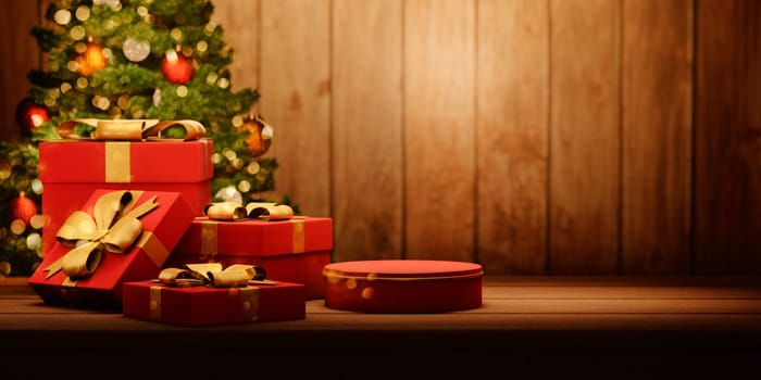 Red christmas gift with golden ribbon and empty podium on vintage wooden table. Cozy magic xmas and new year holiday scene. Present box and decorated fir tree.