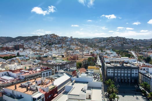 Panoramic top view of the capital Las Palmas Gran Canaria in Spain with blue sky