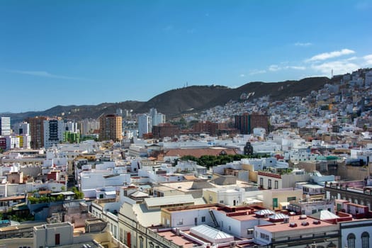 Panoramic top view of the capital Las Palmas Gran Canaria in Spain with blue sky