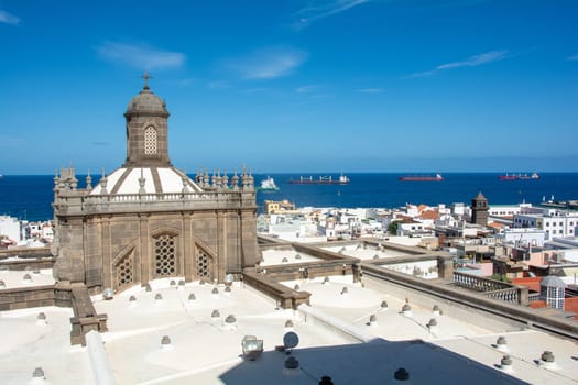 View from above of the capital Las Palmas Gran Canaria in Spain with part of the Santa Ana Cathedral