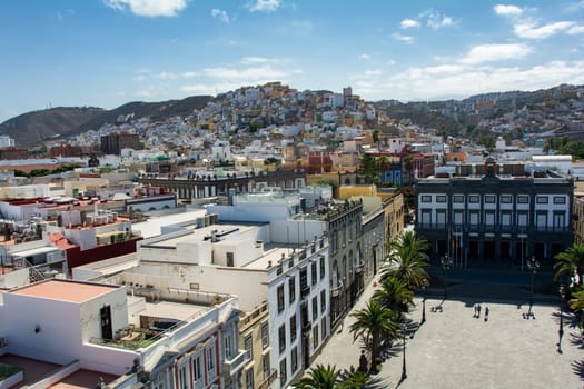 Panoramic top view of the capital Las Palmas Gran Canaria in Spain with blue sky
