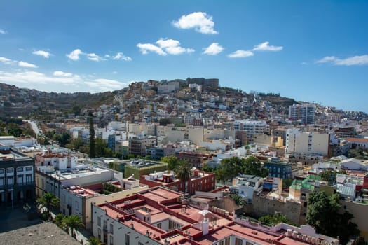 Panoramic top view of the capital Las Palmas Gran Canaria in Spain with blue sky