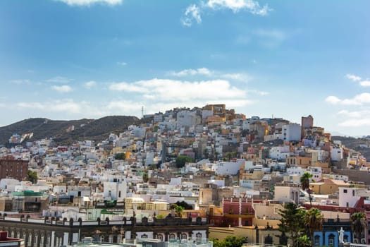 Panoramic top view of the capital Las Palmas Gran Canaria in Spain with blue sky
