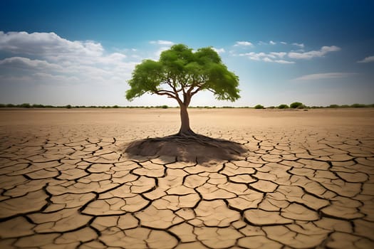 A lonely tree stands in the desert generated by artificial intelligence