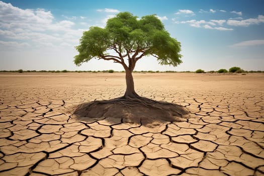 A lonely tree stands in the desert generated by artificial intelligence