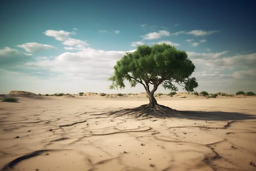 A lonely tree stands in the desert generated by artificial intelligence