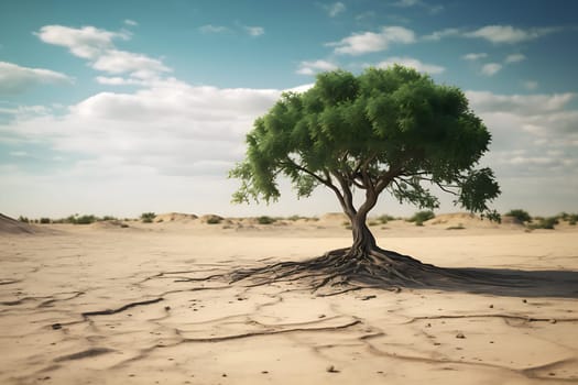 A lonely tree stands in the desert generated by artificial intelligence