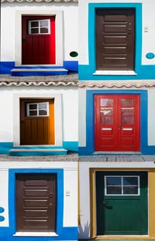 Collage of doors with vivid colors from Vila Nova de Milfontes houses. Little picturesque town on the Alentejo coast, Portugal
