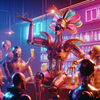 3d art of comical drunk happy flamboyant futuristic robot in a bar generative ai