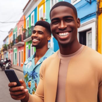 two happy young attractive fashionable men using a phone in a colorful street generative ai