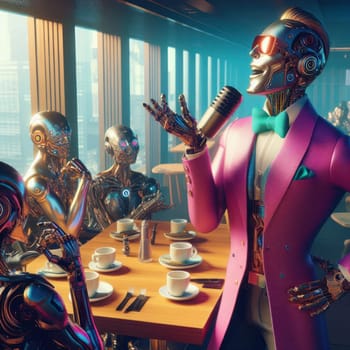 3d art of entertainer singing in microphone for futuristic robots in a restaurant generative ai